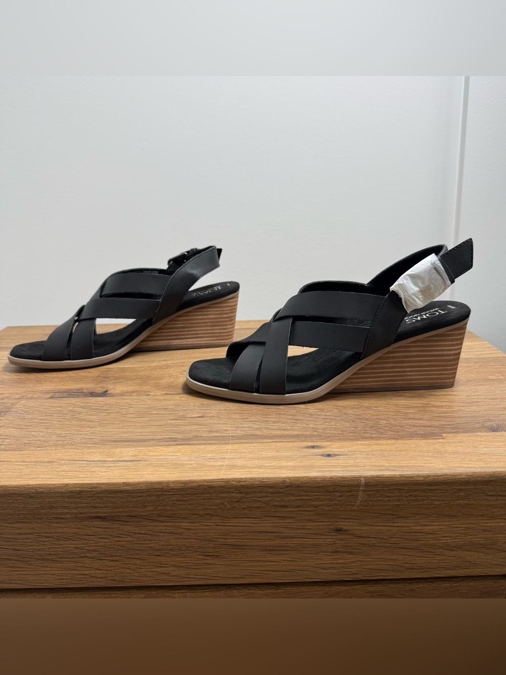 New Toms Gracie Leather Wedge Sandal Black Women’s Size 8